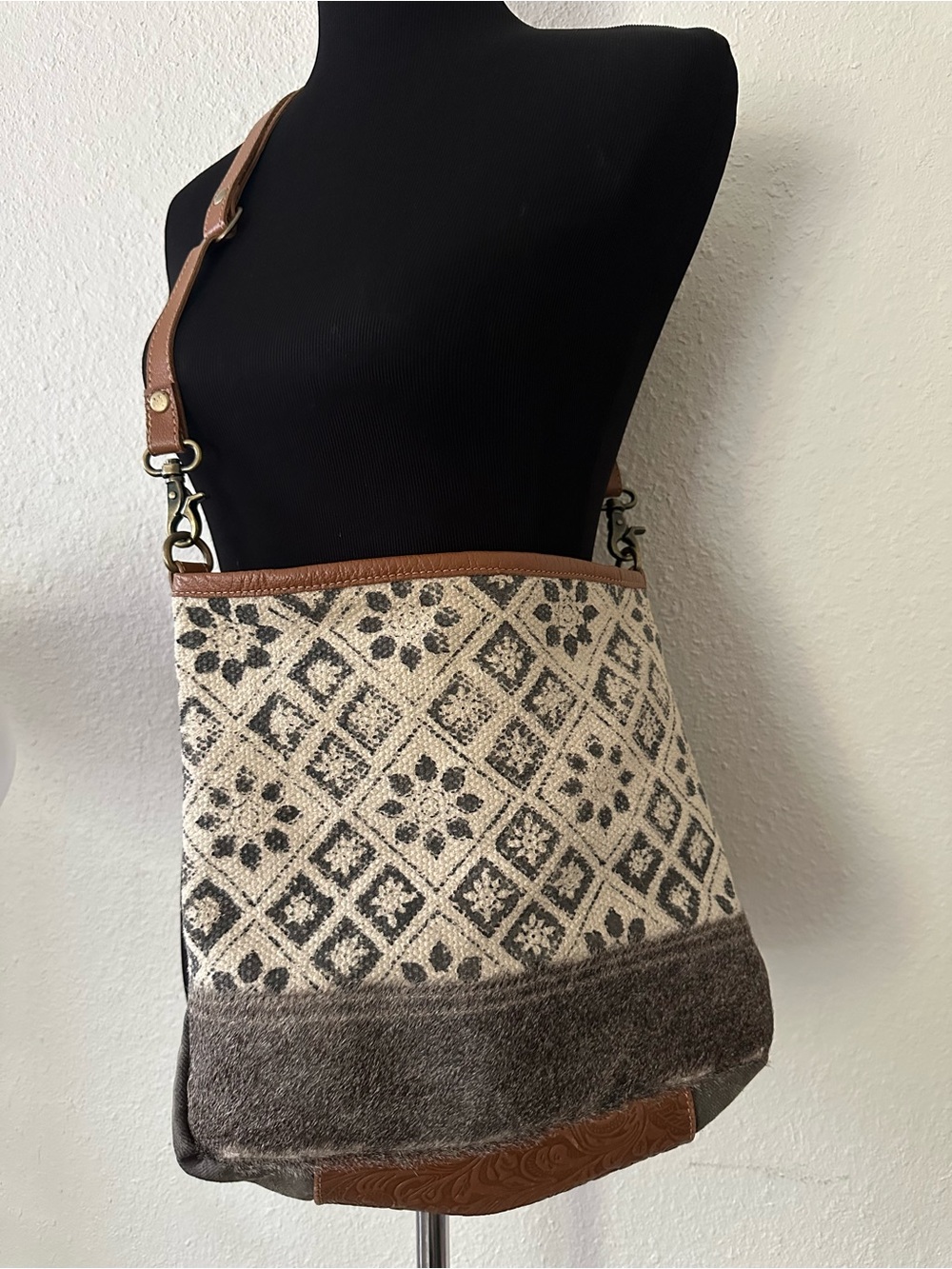 Myra Bag Cream and Brown Patterned Crossbody with Leather Trim